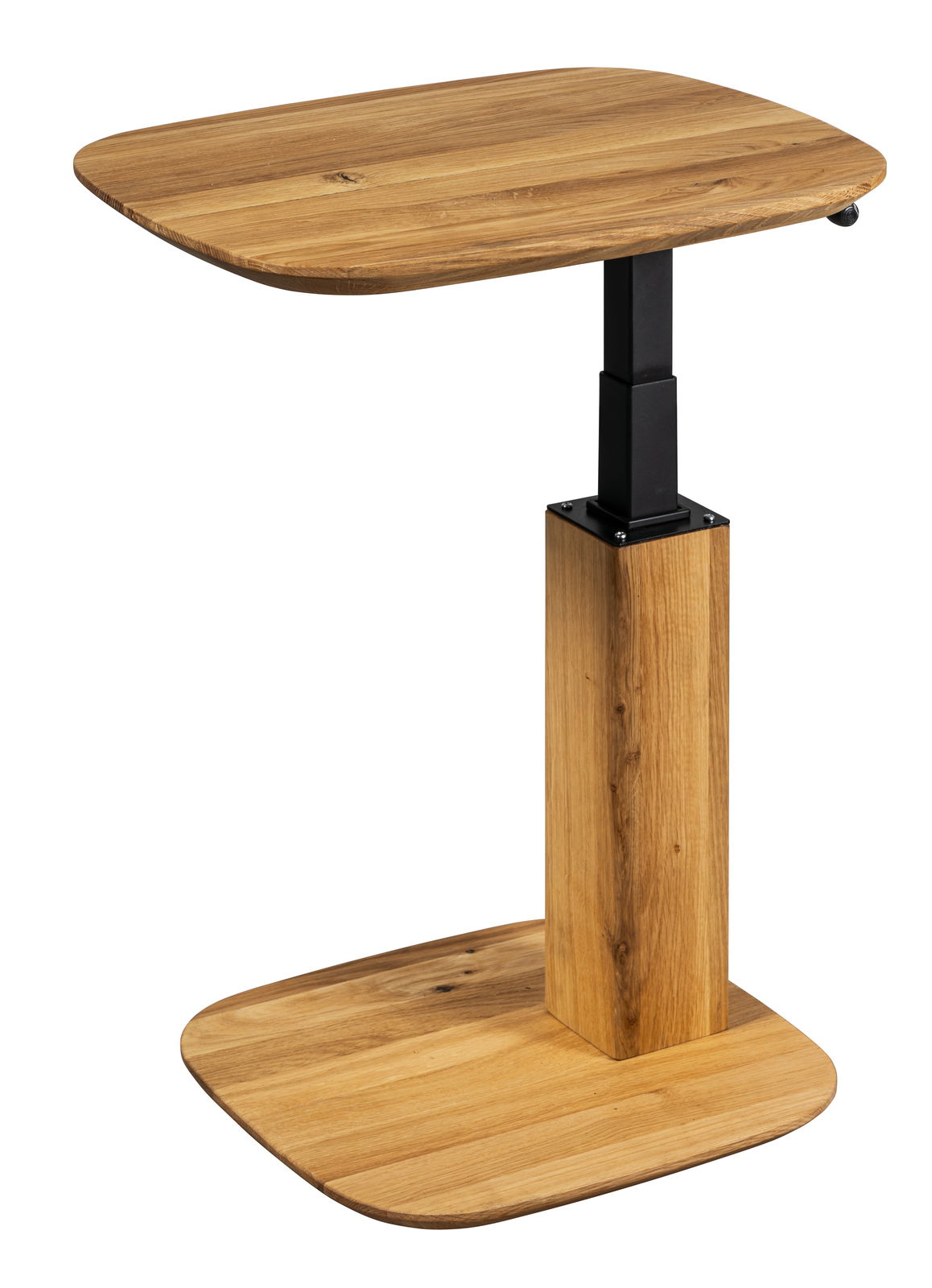 Moderner Beistelltisch aus Holz mit verstellbarer Höhe, seitliche Perspektive