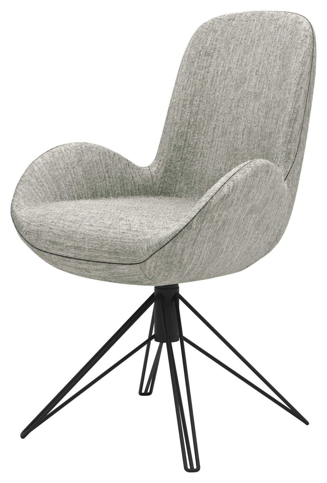 Moderner Armlehnstuhl mit grauem Stoffbezug und schwarzem Metallgestell, seitliche Perspektive