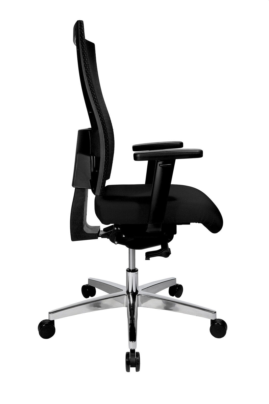 Moderner schwarzer Drehstuhl mit verstellbaren Armlehnen und Netzrückenlehne, Seitenansicht