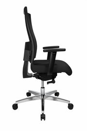 Moderner schwarzer Drehstuhl mit verstellbaren Armlehnen und Netzrückenlehne, Seitenansicht