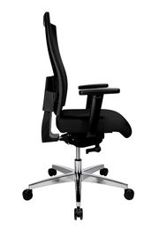 Moderner schwarzer Drehstuhl mit verstellbaren Armlehnen und Netzrückenlehne, Seitenansicht