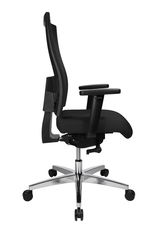 Moderner schwarzer Drehstuhl mit verstellbaren Armlehnen und Netzrückenlehne, Seitenansicht