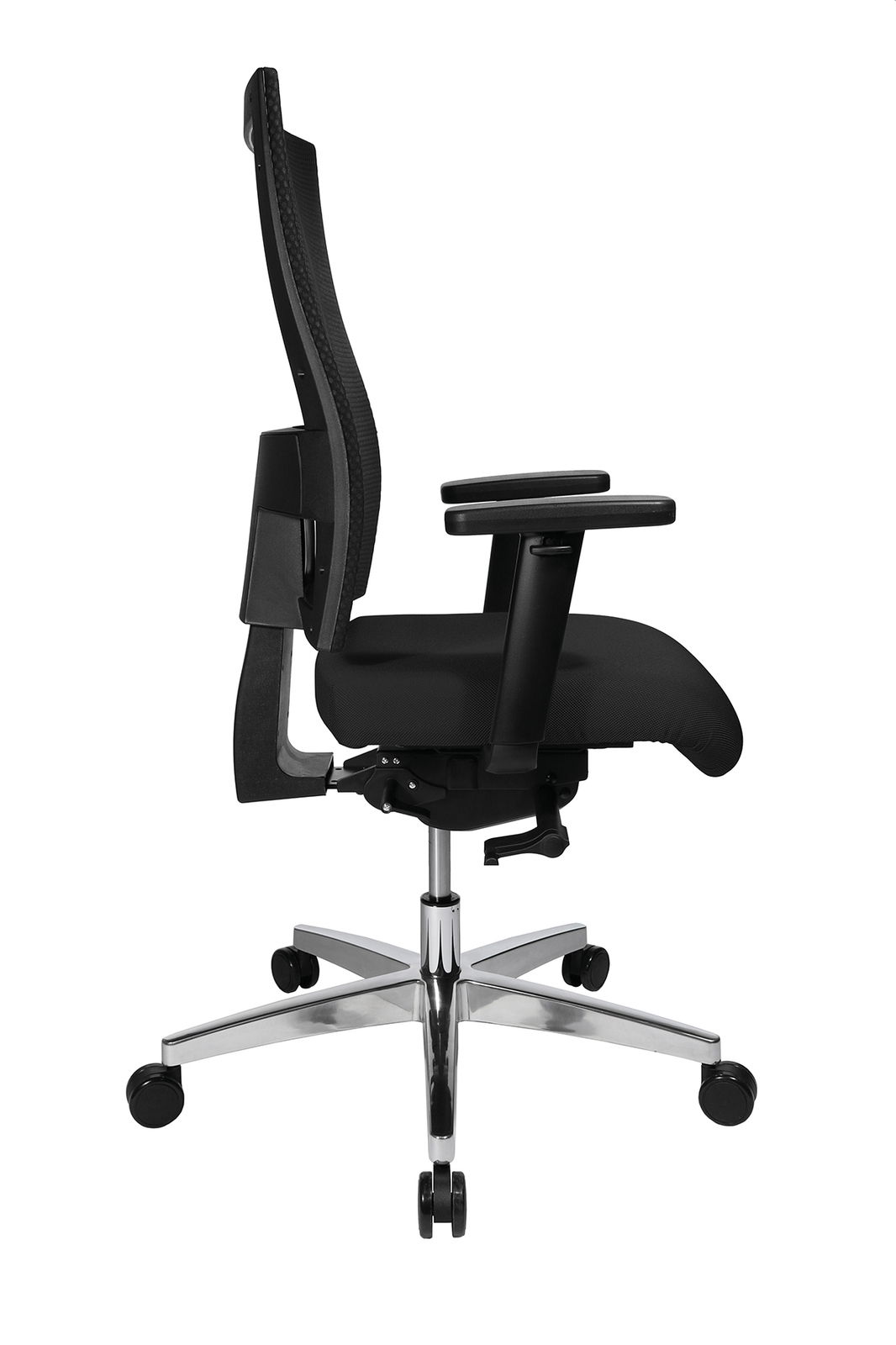 Moderner schwarzer Drehstuhl mit verstellbaren Armlehnen und Netzrückenlehne, Seitenansicht