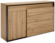 Sideboard aus Holz mit vier Schubladen und einer Tür, seitliche Perspektive