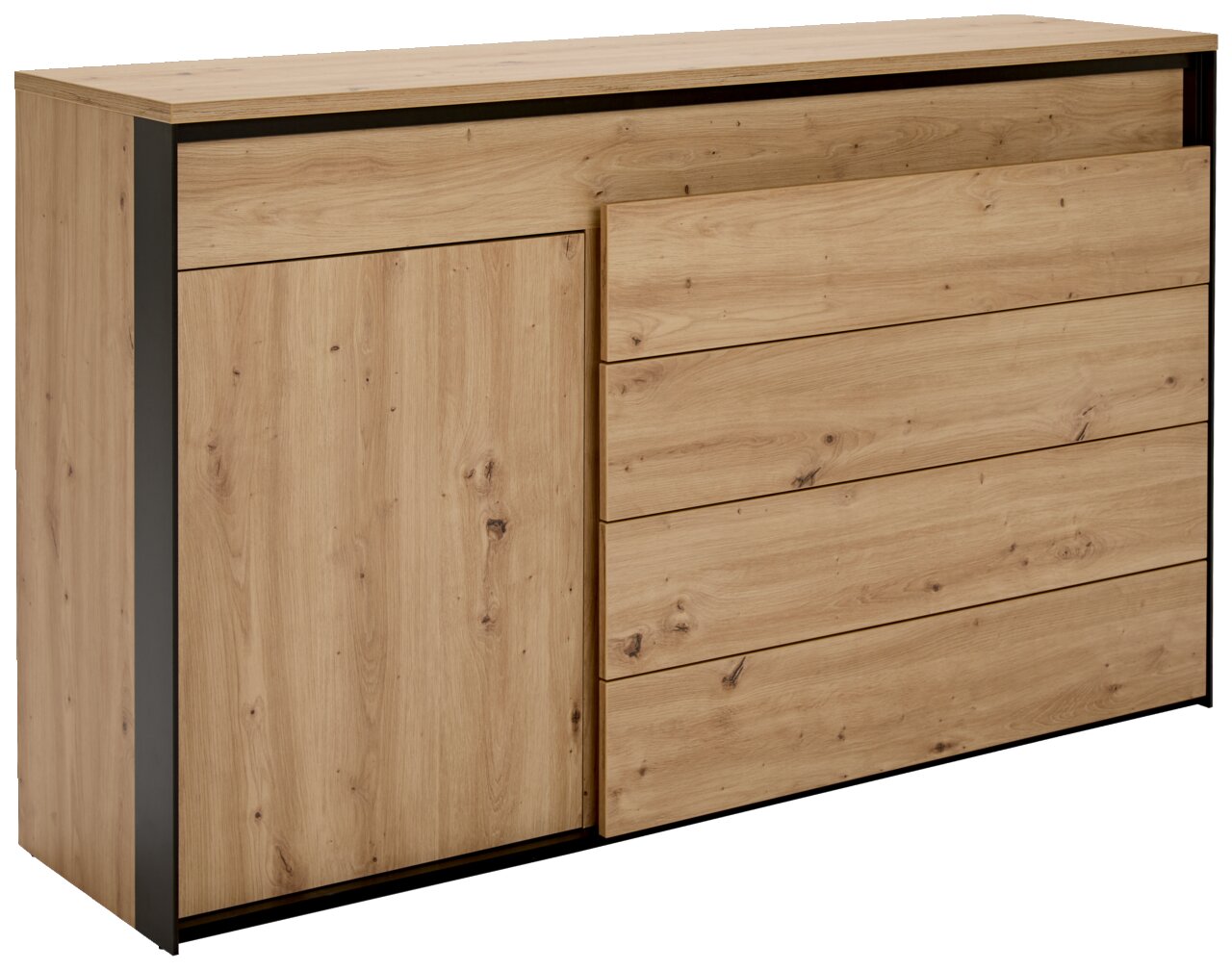 Sideboard aus Holz mit vier Schubladen und einer Tür, seitliche Perspektive