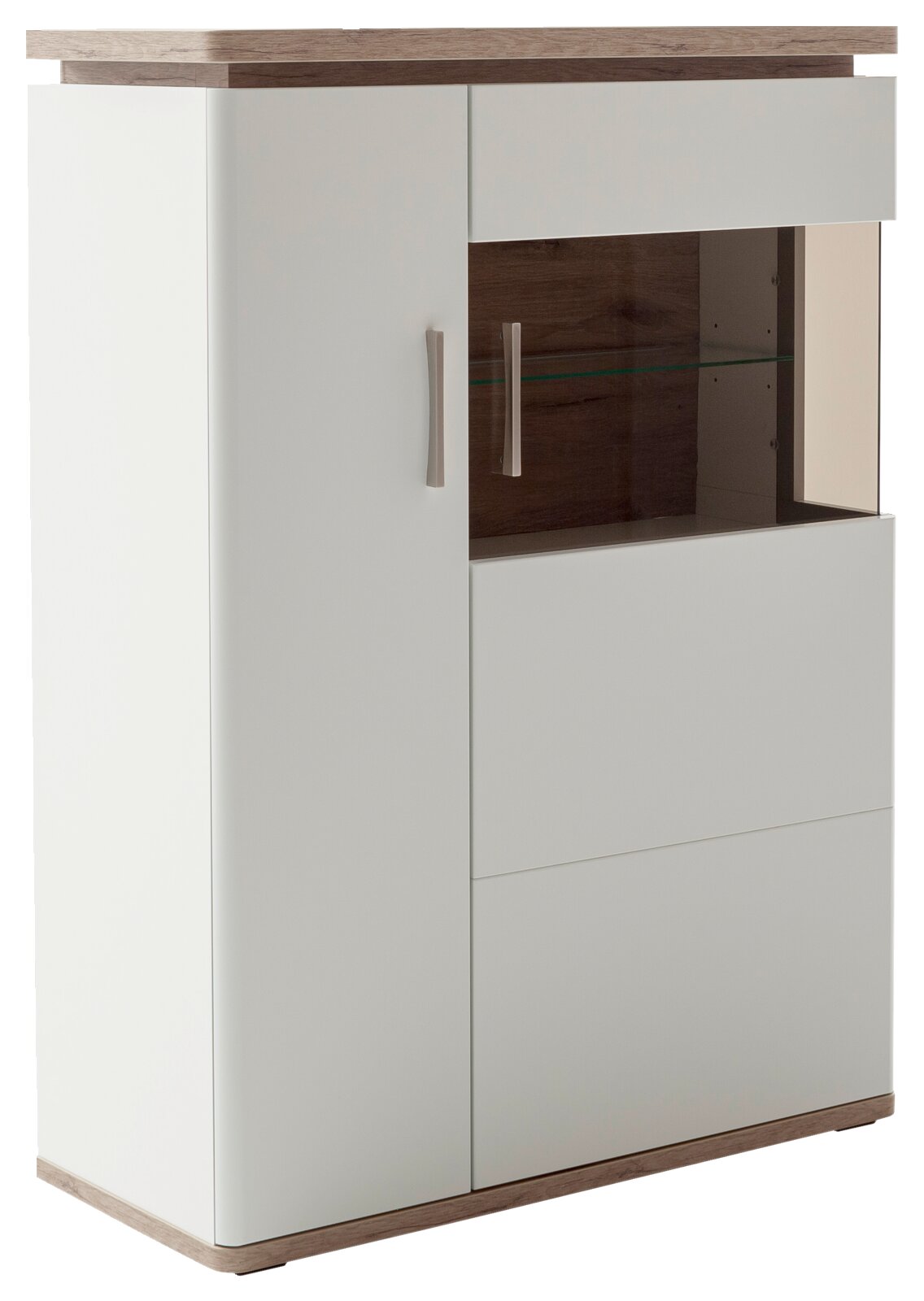 Stylife Highboard PALERMO Moderne Vitrine/Highboard in Weiß mit Holzoptik-Deckplatte und -Sockel, Glaseinsatz und silbernen Griffen, perspektivische Ansicht schräg von vorne