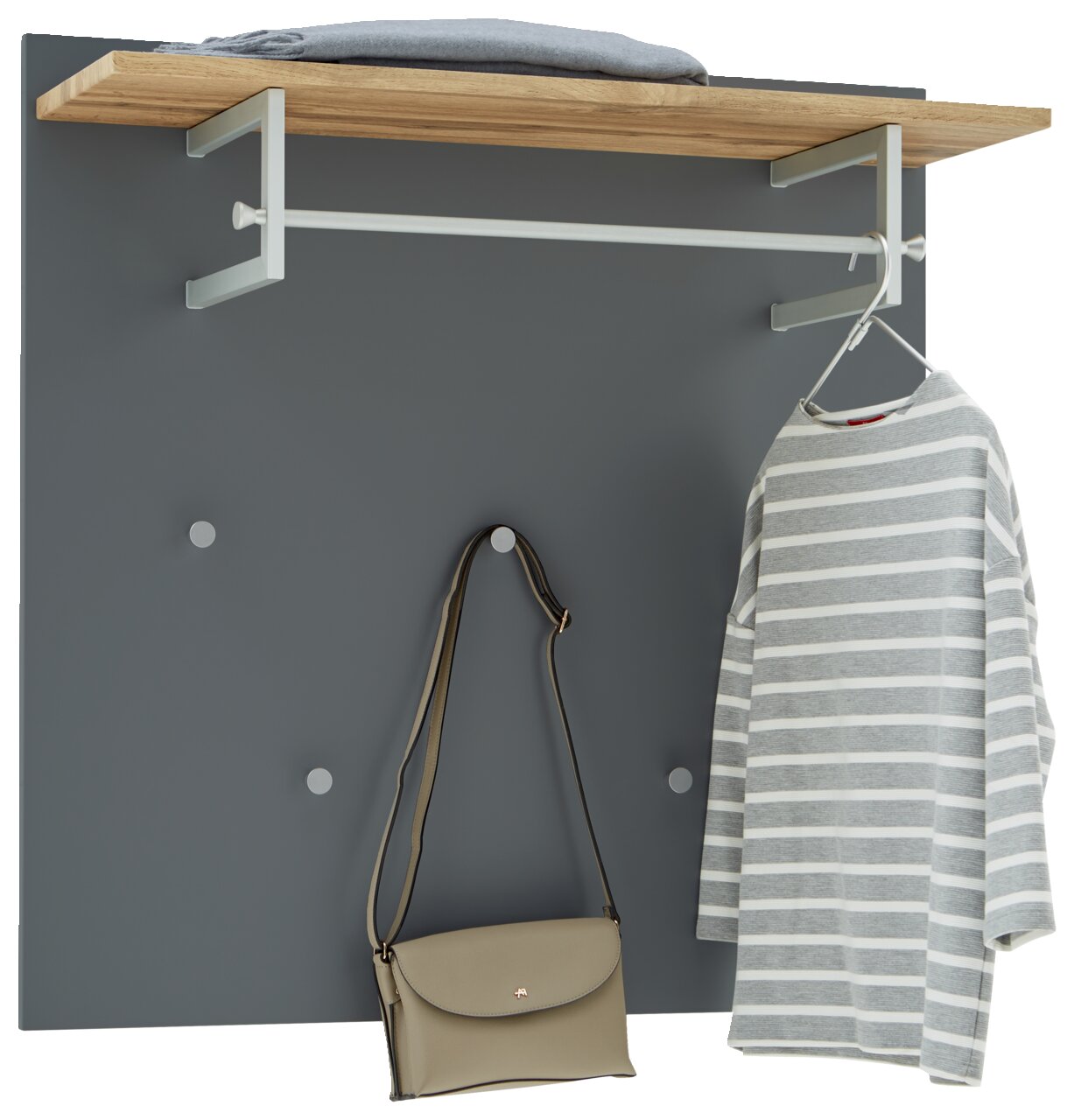 Dieter Knoll Garderobenpaneel breit CORTINA Garderobenpaneel in Frontalansicht mit grauer Rückwand, Holzablage oben, Kleiderstange und Haken, an denen eine Tasche und ein gestreiftes Shirt hängen.