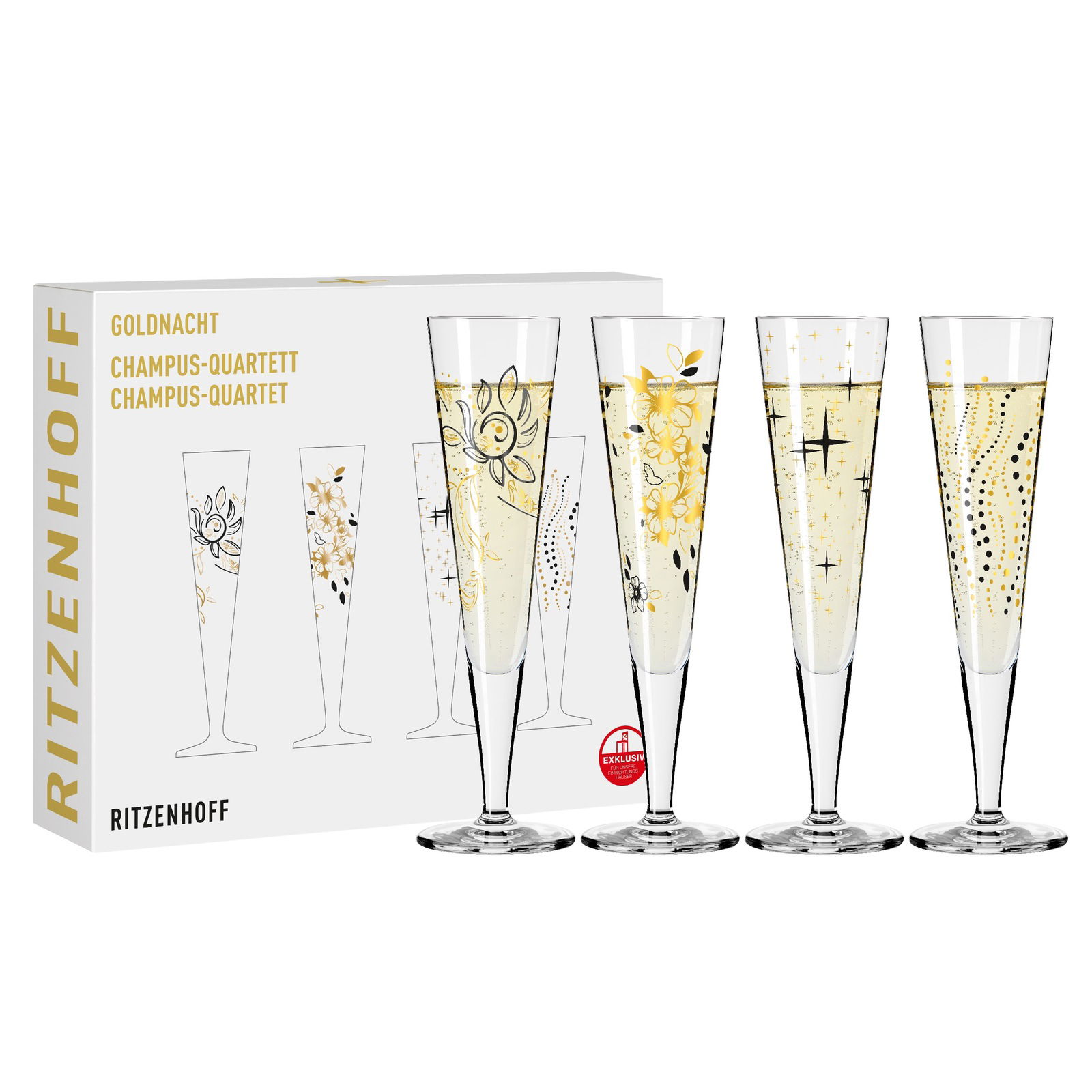 Set aus vier eleganten Champagnergläsern mit goldenen Verzierungen, präsentiert in einer stilvollen Verpackung, Vorderansicht.