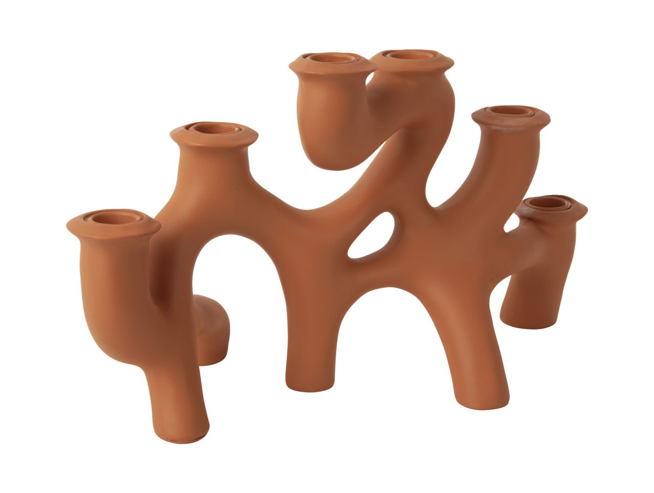 Moderner Kerzenhalter SWIRLS Large in organischer Form mit fünf Halterungen, aus braunem Material, seitliche Perspektive.