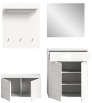 Garderobenkombination in Weiß mit Wandregal, Spiegel, Schuhschrank und Kommode, frontal betrachtet.