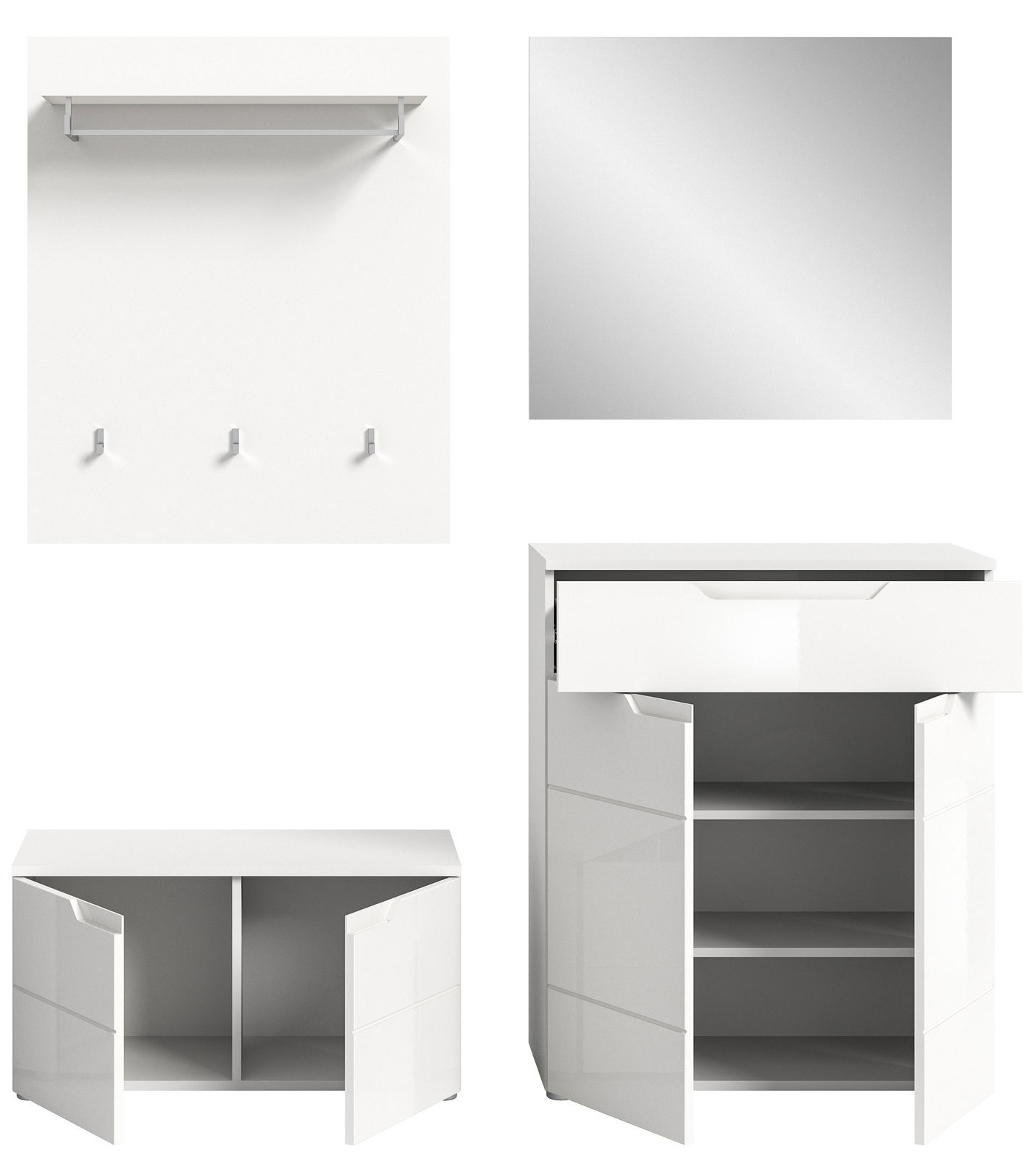 Garderobenkombination in Weiß mit Wandregal, Spiegel, Schuhschrank und Kommode, frontal betrachtet.