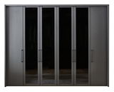 Sechs-türiger Drehtürenschrank in dunklem Design, frontal betrachtet.