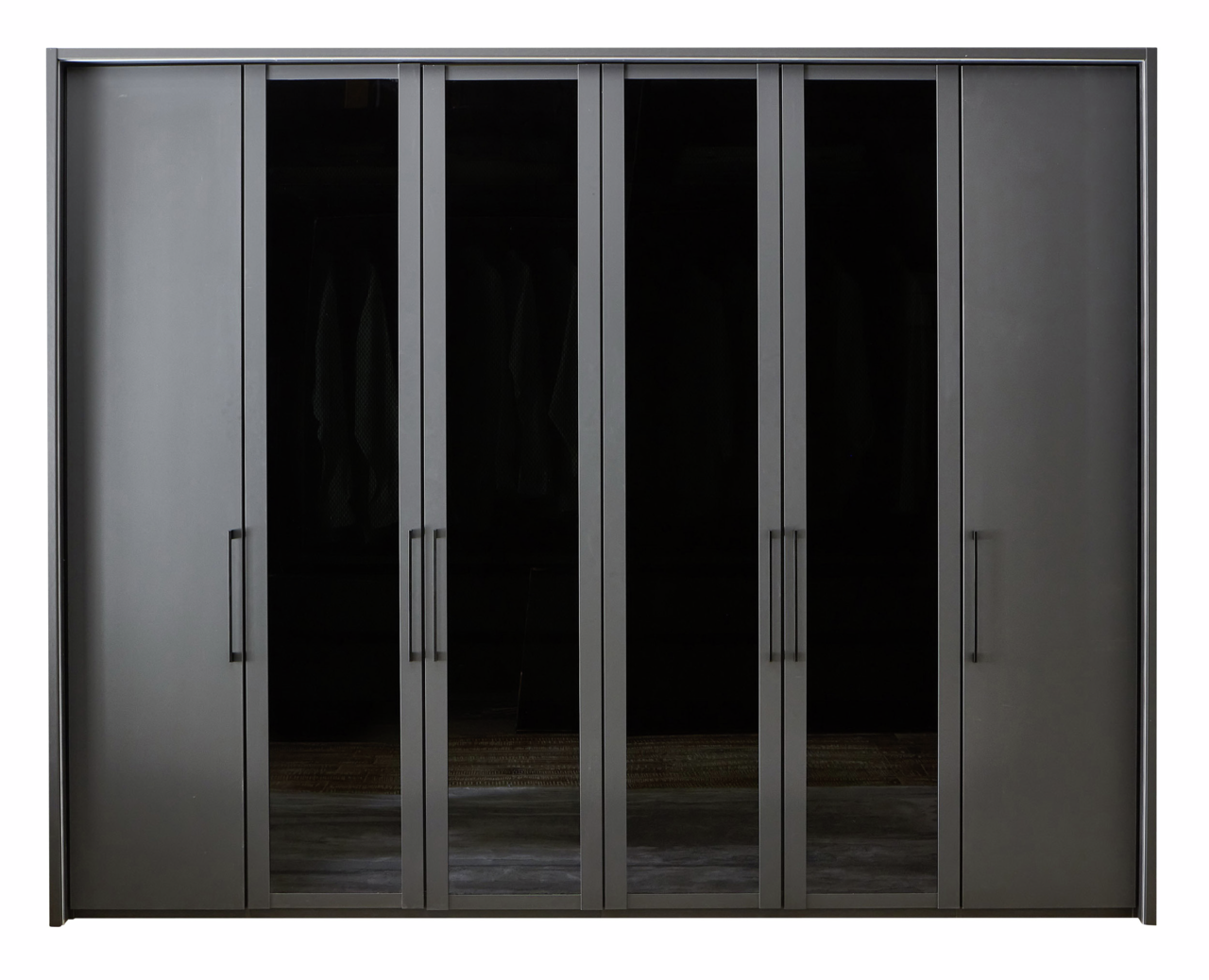 Sechs-türiger Drehtürenschrank in dunklem Design, frontal betrachtet.