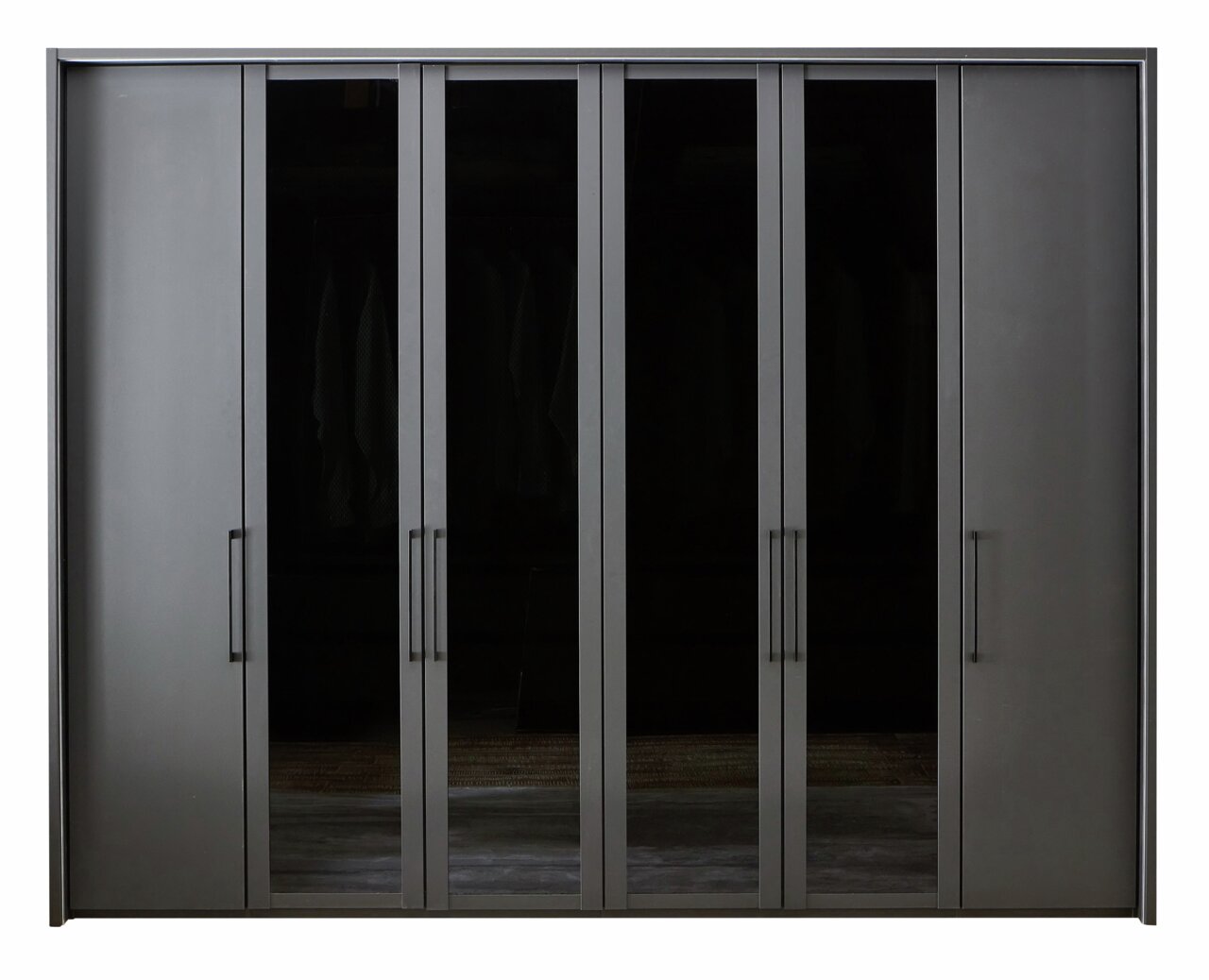 Sechs-türiger Drehtürenschrank in dunklem Design, frontal betrachtet.