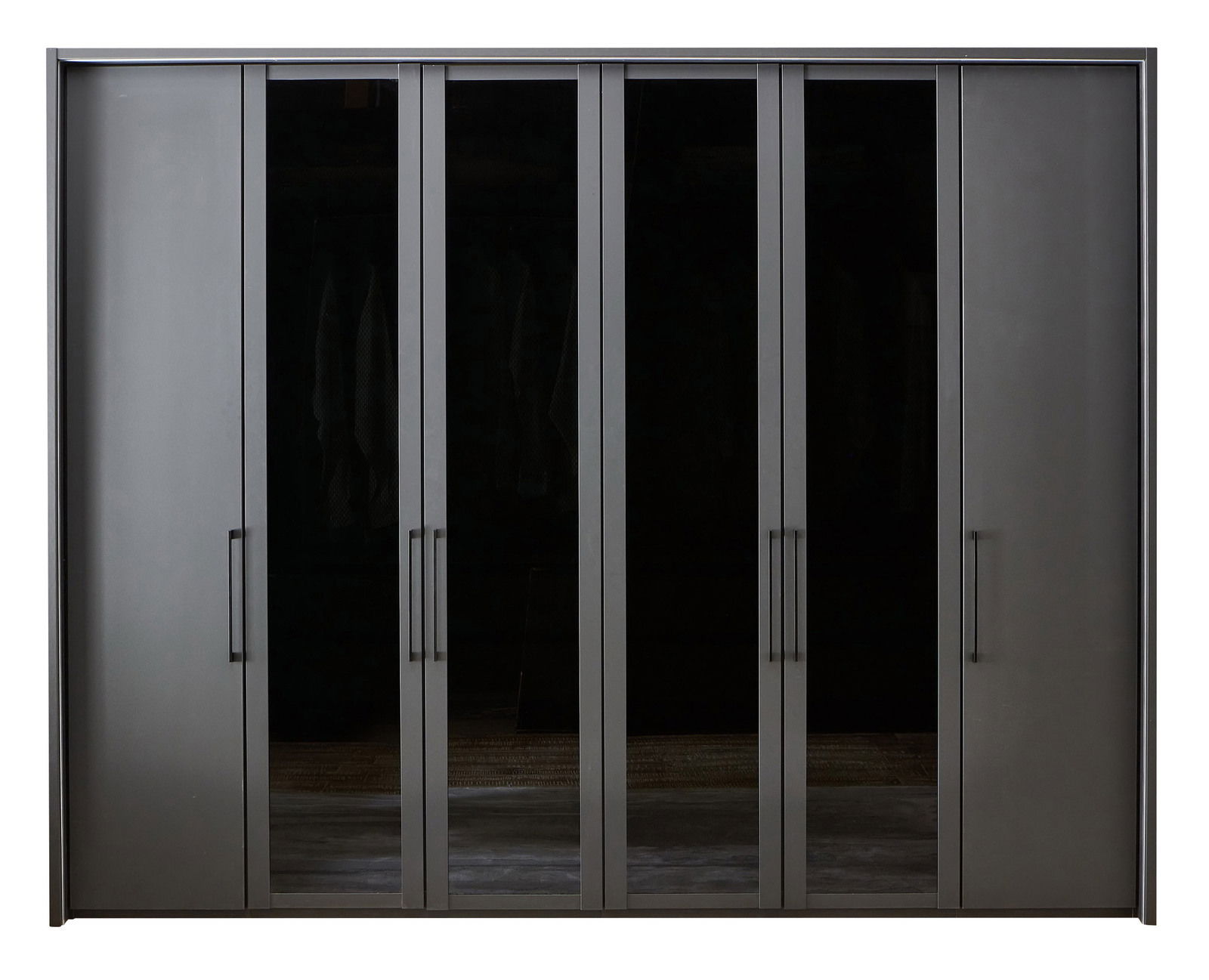 Sechs-türiger Drehtürenschrank in dunklem Design, frontal betrachtet.