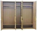 Offener 5-türiger Drehtürenschrank aus Holz mit Kleiderstangen und Regalböden, frontale Ansicht.