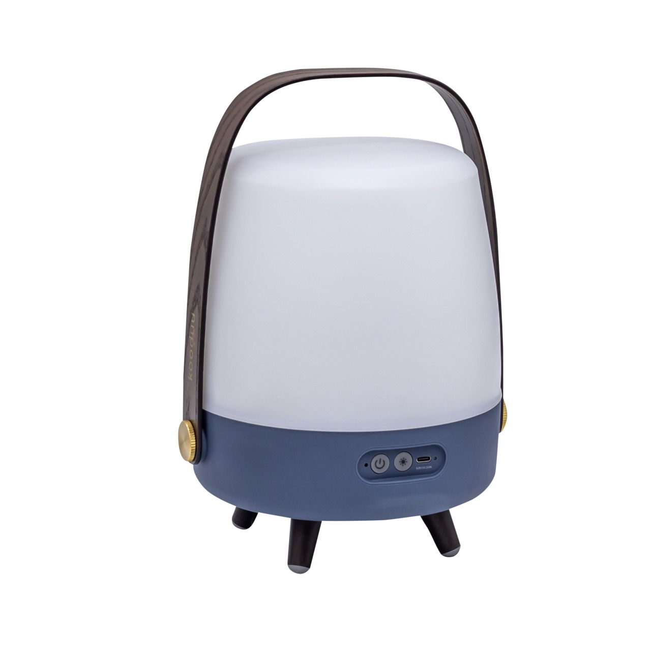 Tragbare Lampe mit blauem Sockel und weißem Schirm, seitliche Ansicht