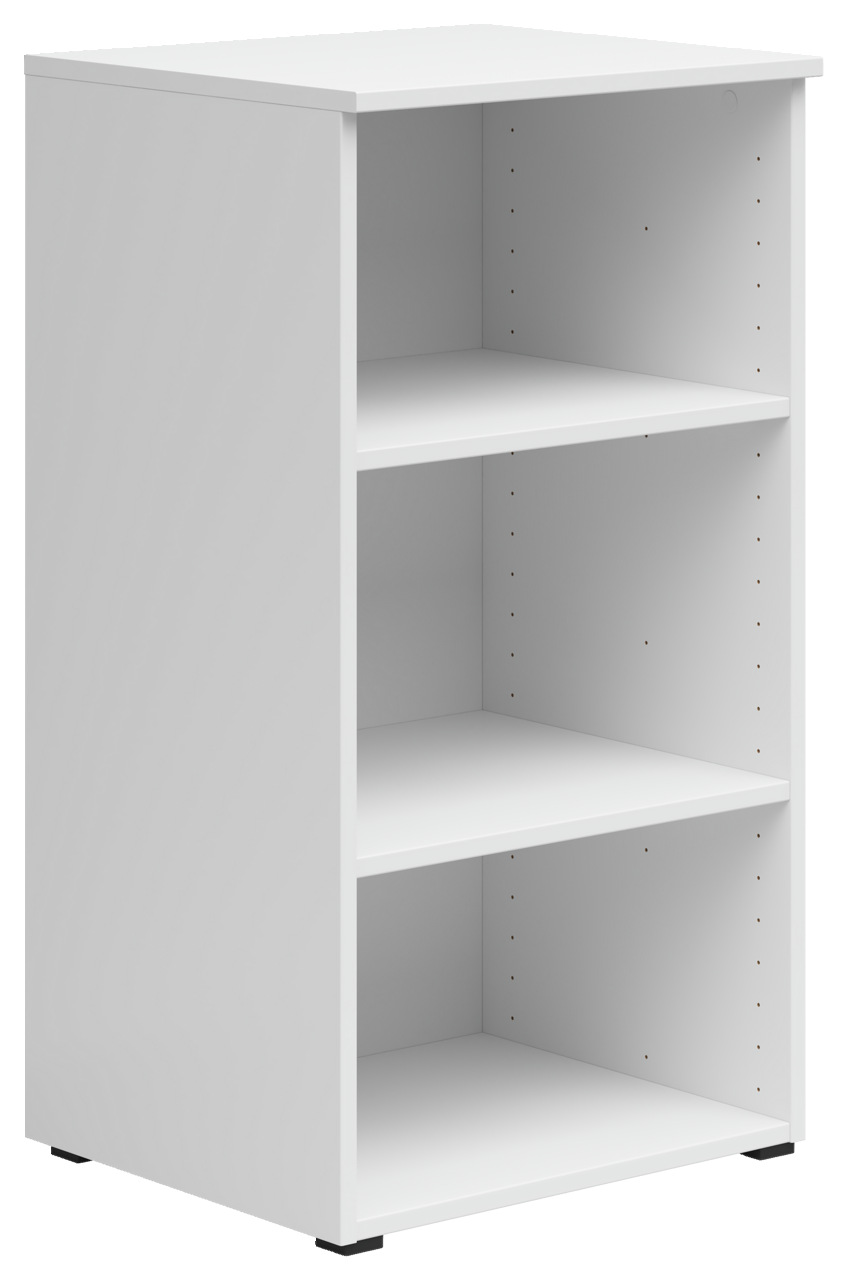Weißes Regal mit drei offenen Fächern, seitliche Perspektive