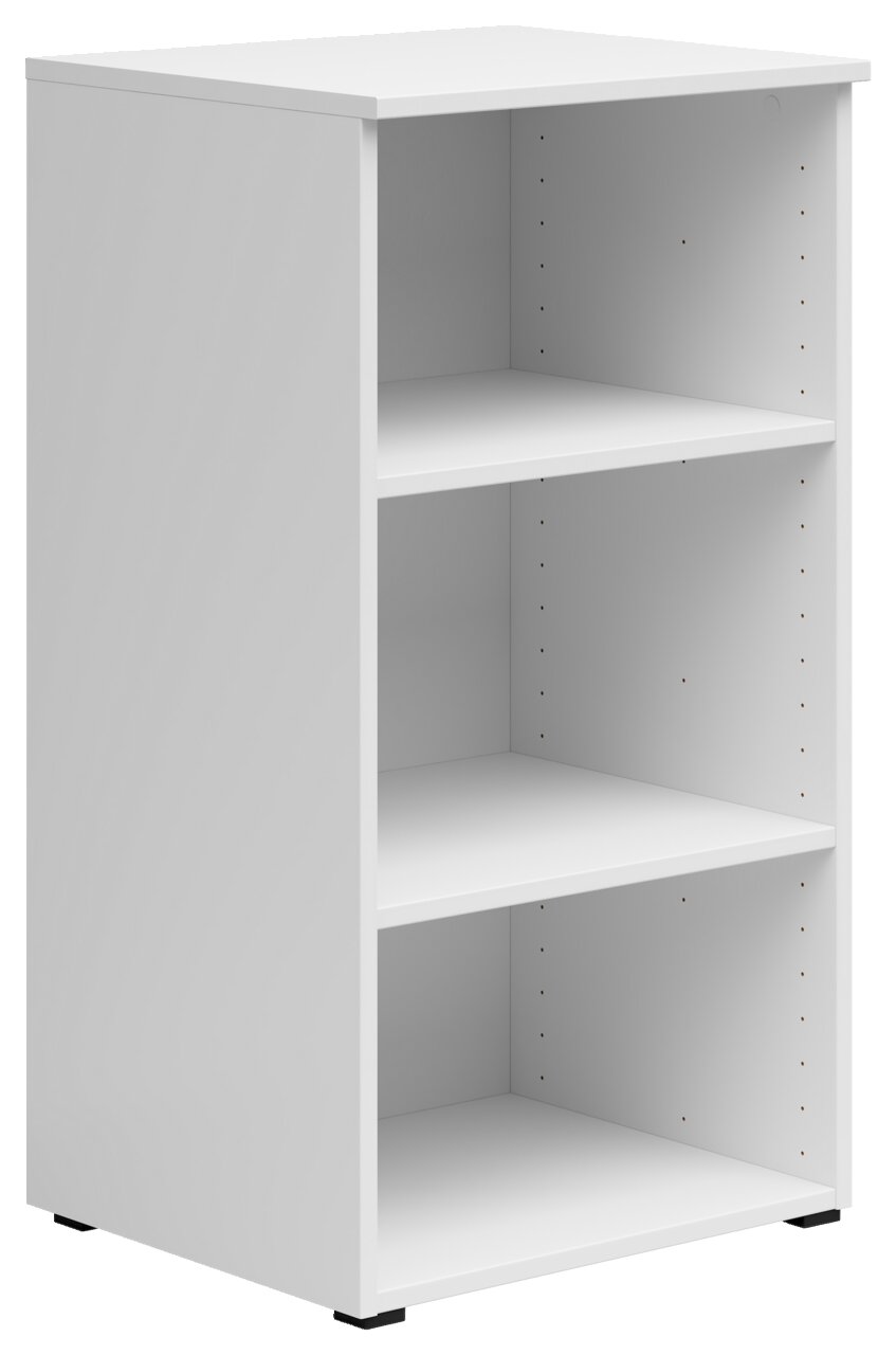 Weißes Regal mit drei offenen Fächern, seitliche Perspektive