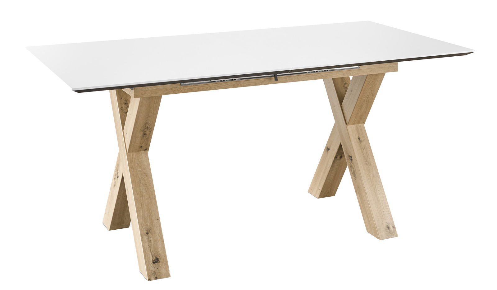 Moderner Esstisch mit weißer Tischplatte und gekreuzten Holzbeinen, seitliche Perspektive