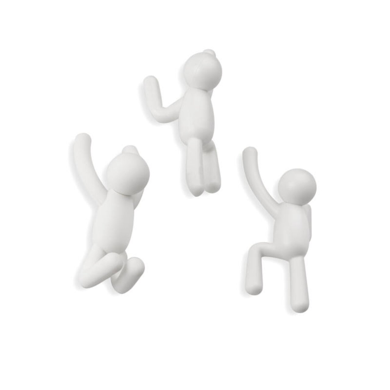 Zurbrüggen Buddy Wandhaken weiss Drei weiße Buddy-Wandhaken in Form von kletternden Figuren, aus der Vorderansicht.