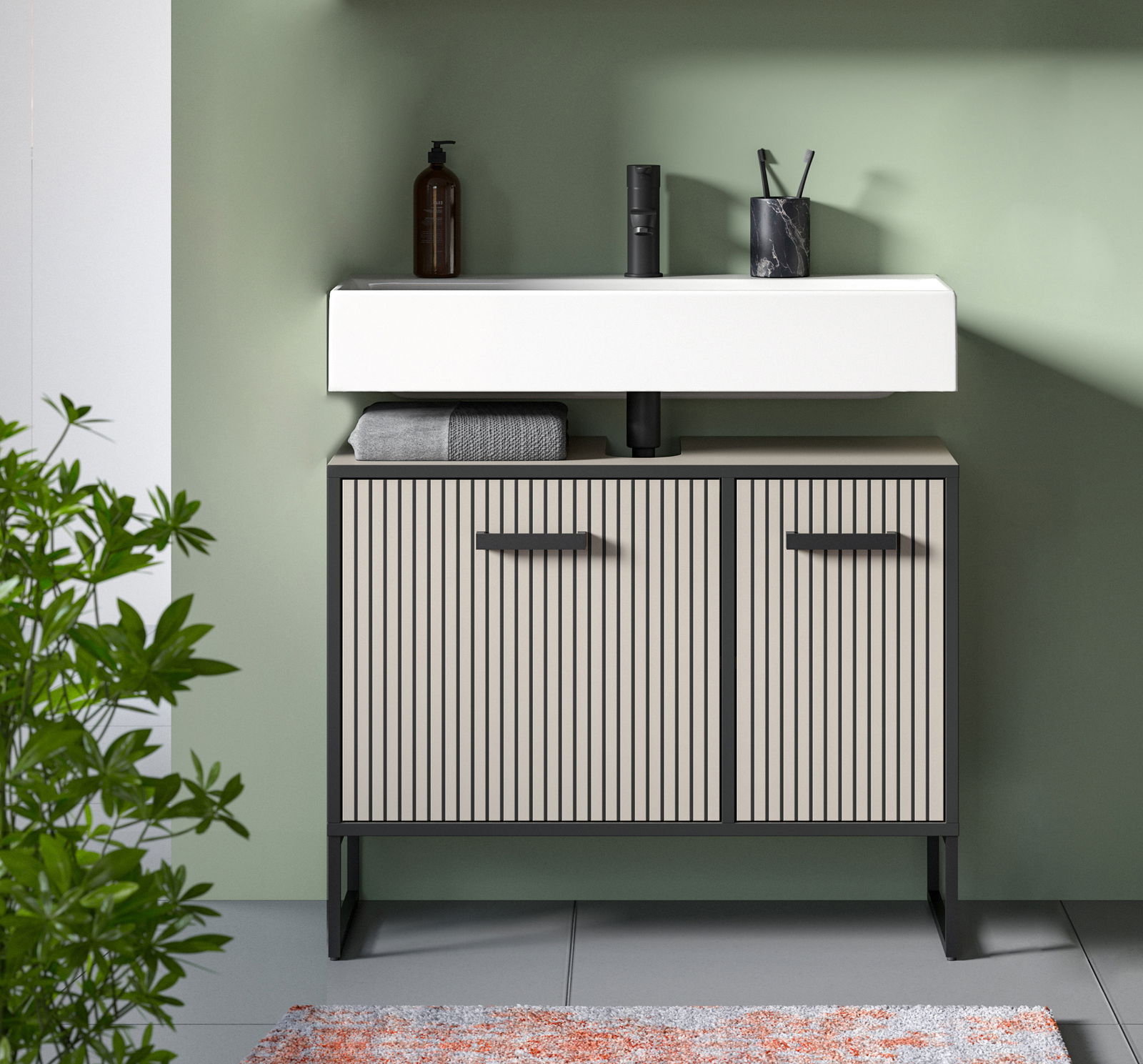 MID.YOU Waschbeckenunterschrank BAGNO Moderner Waschbeckenunterschrank mit vertikalen Streifen, zwei Türen und schwarzen Griffen, frontal fotografiert.