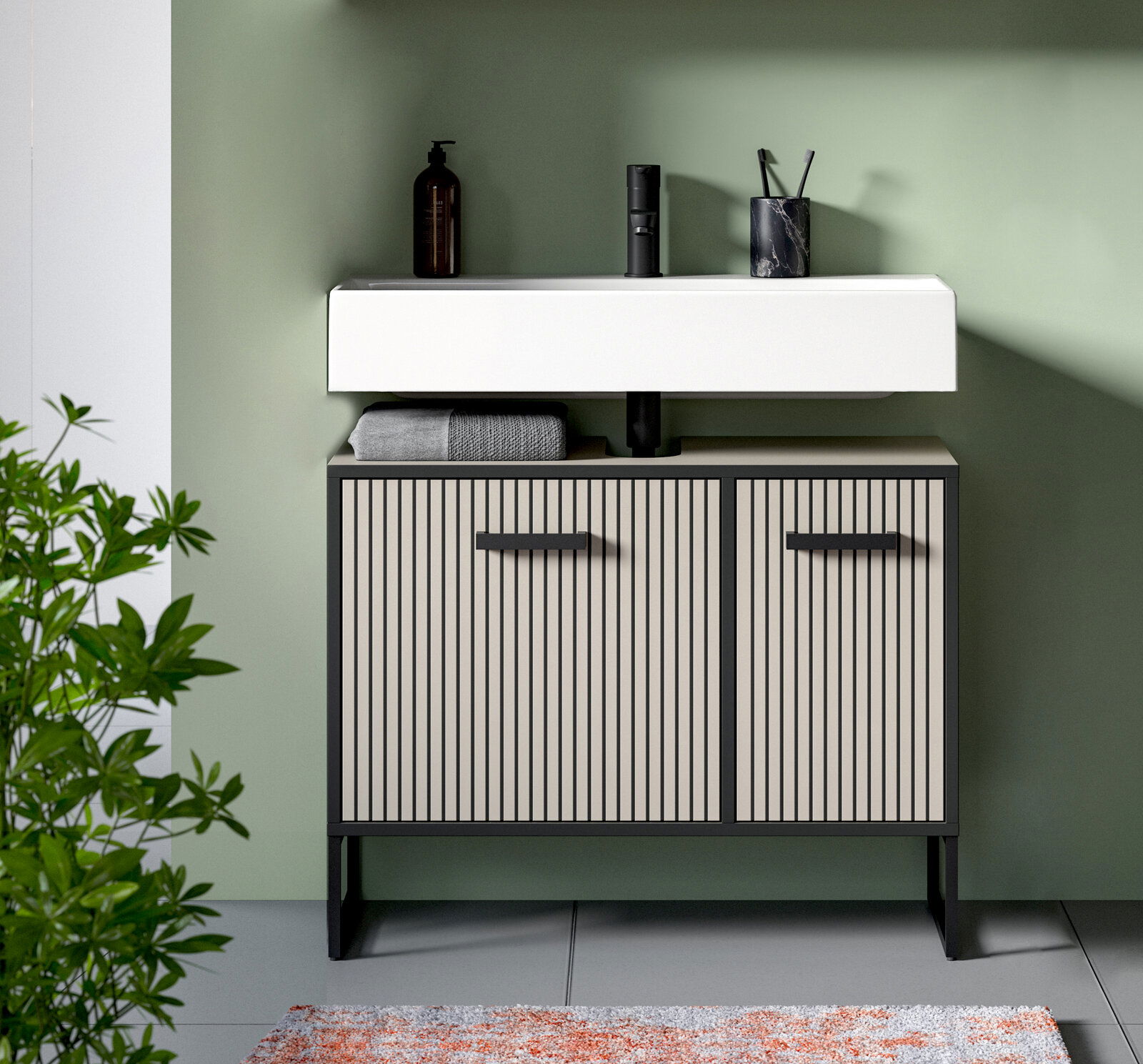 MID.YOU Waschbeckenunterschrank BAGNO Moderner Waschbeckenunterschrank mit vertikalen Streifen, zwei Türen und schwarzen Griffen, frontal fotografiert.