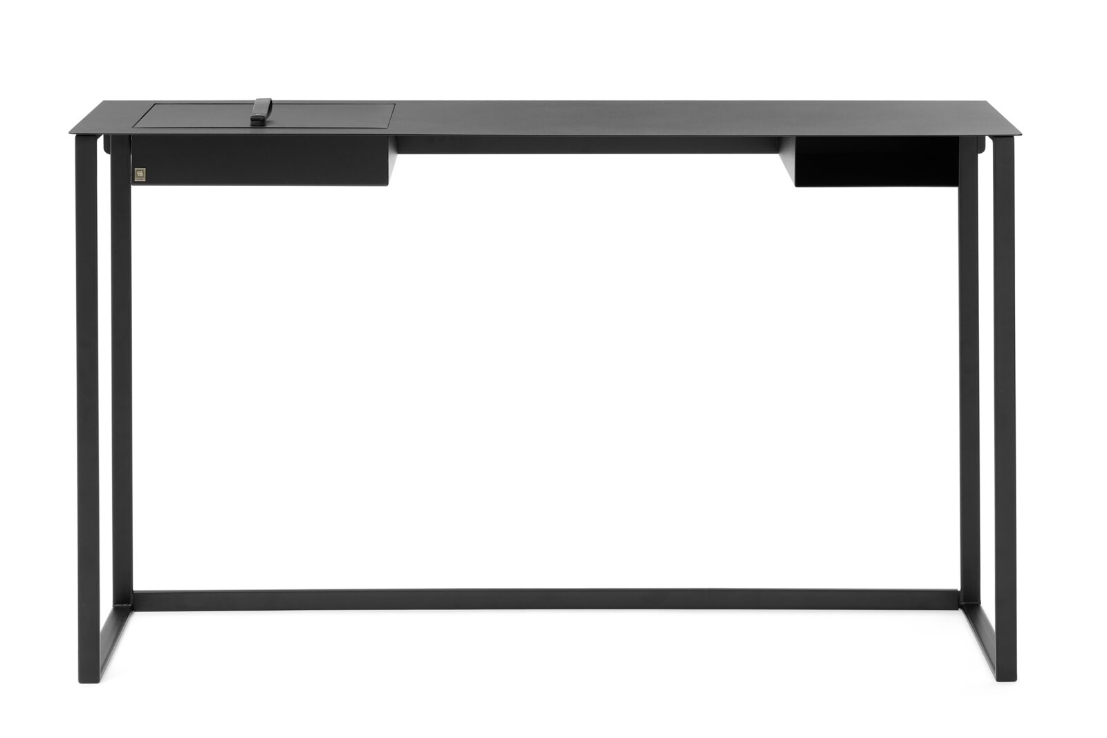 Moderner schwarzer Konsolentisch oder Schreibtisch aus Metall mit minimalistischem Design, frontal betrachtet.