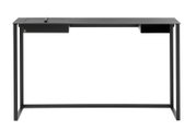 Moderner schwarzer Konsolentisch oder Schreibtisch aus Metall mit minimalistischem Design, frontal betrachtet.