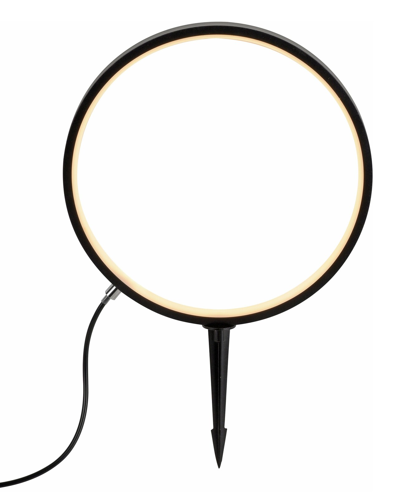 Erdspießleuchte ZIRKULU in Frontalansicht, runder Leuchtring mit Erdspieß und Kabel
