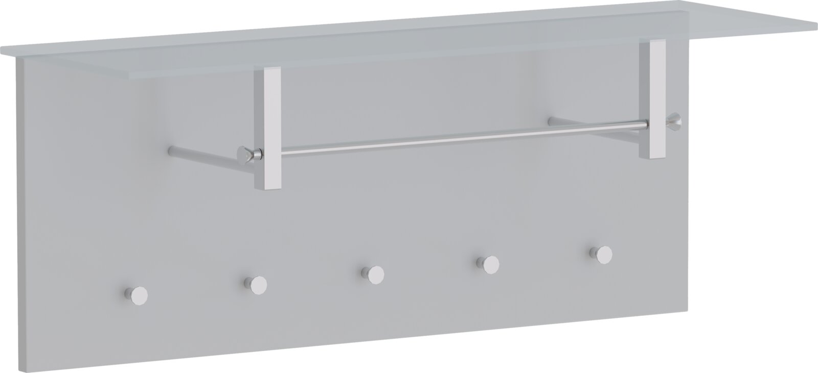 Garderobenpaneel quer mit Glasablage und fünf Haken, seitliche Perspektive