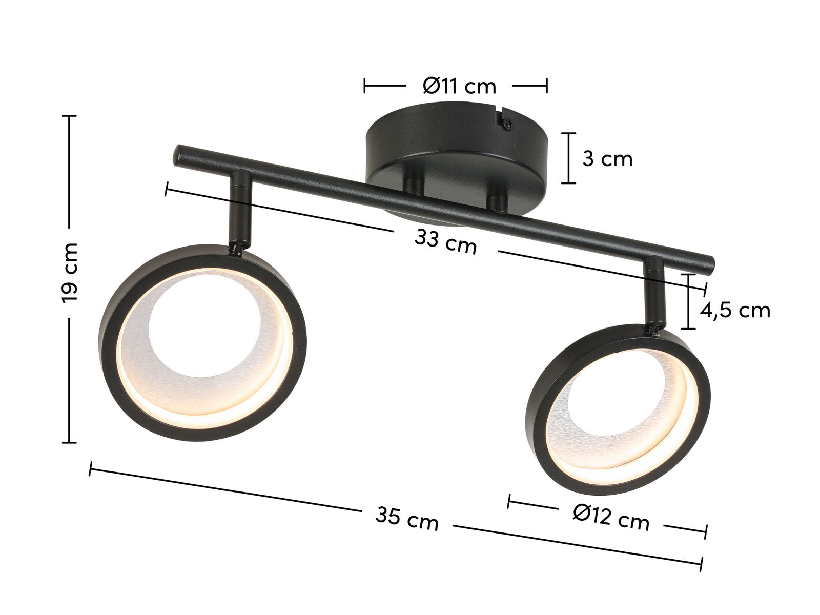 LED-Strahler mit zwei runden Leuchten, schwarze Halterung, seitliche Perspektive, Maße: 35 cm Breite, 19 cm Höhe, 12 cm Durchmesser der Leuchten.