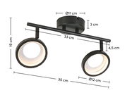 LED-Strahler mit zwei runden Leuchten, schwarze Halterung, seitliche Perspektive, Maße: 35 cm Breite, 19 cm Höhe, 12 cm Durchmesser der Leuchten.