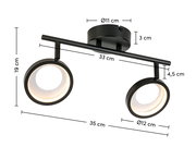LED-Strahler mit zwei runden Leuchten, schwarze Halterung, seitliche Perspektive, Maße: 35 cm Breite, 19 cm Höhe, 12 cm Durchmesser der Leuchten.