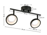 LED-spot met twee ronde lampen, zwarte beugel, zijaanzicht, afmetingen: 35 cm breed, 19 cm hoog, 12 cm diameter van de lampen.