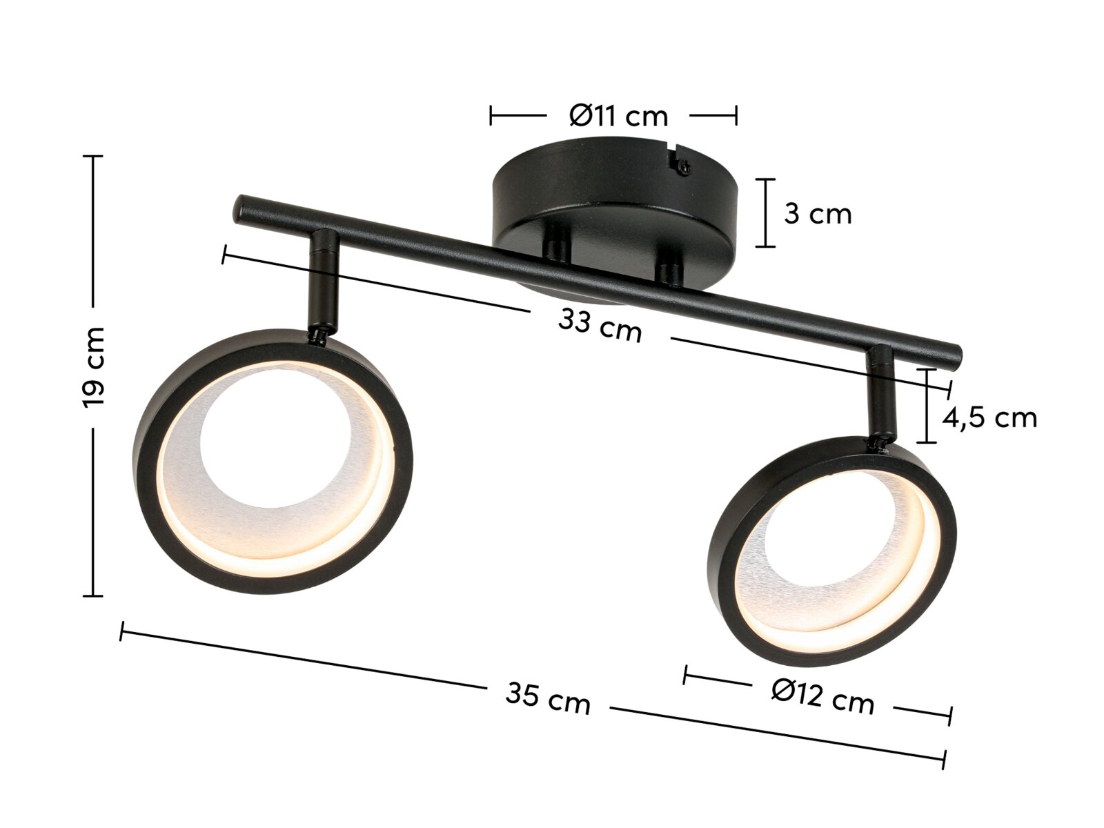 LED-spot met twee ronde lampen, zwarte beugel, zijaanzicht, afmetingen: 35 cm breed, 19 cm hoog, 12 cm diameter van de lampen.