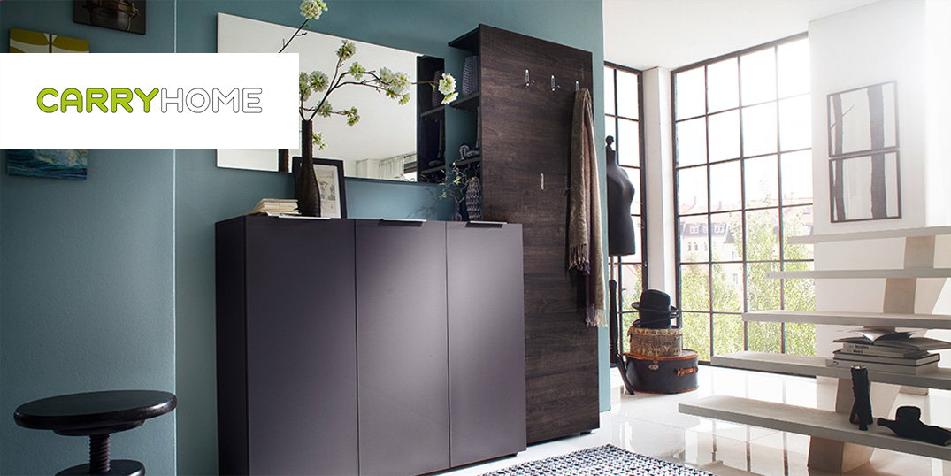 Modernes Interieur mit einem schlichten schwarzen Schrank und einem Spiegel. Logo Carryhome