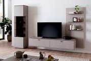 Frontale Wohnzimmeransicht: modernes TV-Lowboard in Hellgrau mit Flachbildfernseher, links eine hohe Vitrine mit Glasfront und rechts ein Regal mit Dekoration vor weißer Wand.