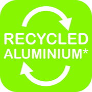 Grünes Symbol mit weißen Pfeilen und Text 'Recycled Aluminium', Vorderansicht