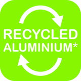 Grünes Symbol mit weißen Pfeilen und Text 'Recycled Aluminium', Vorderansicht