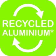 Grünes Symbol mit weißen Pfeilen und Text 'Recycled Aluminium', Vorderansicht