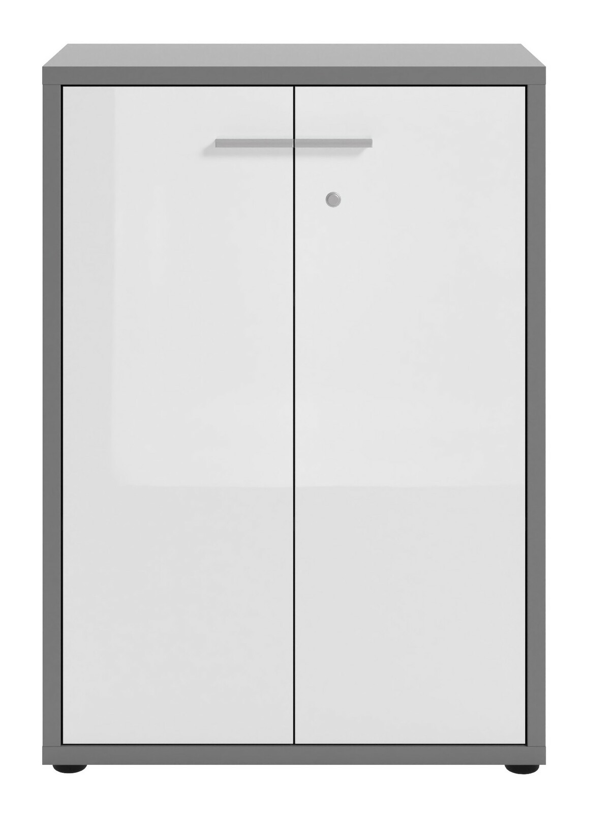 Moderner Aktenschrank mit zwei Türen in Weiß und grauem Rahmen, Frontalansicht