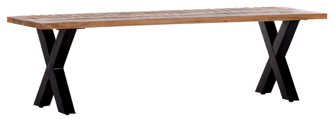 Holzbank mit schwarzem Metallgestell, seitliche Perspektive