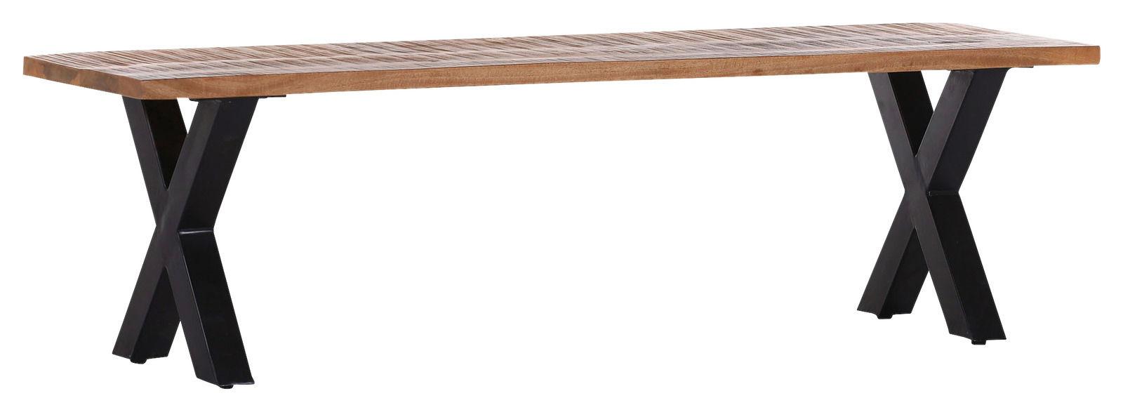 Holzbank mit schwarzem Metallgestell, seitliche Perspektive