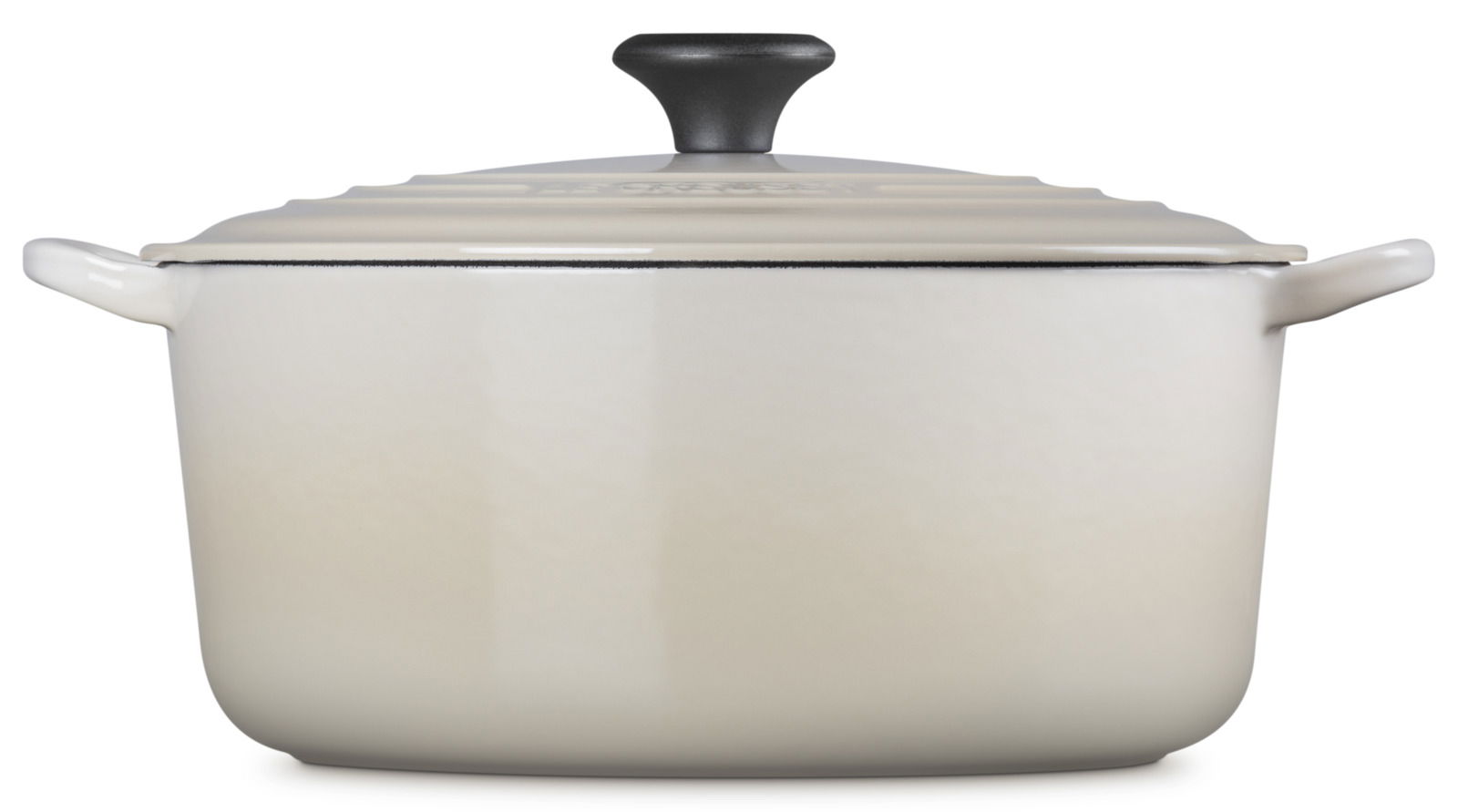 Runder Bräter 28cm in Cremefarbe mit Deckel und zwei Griffen, Frontalansicht