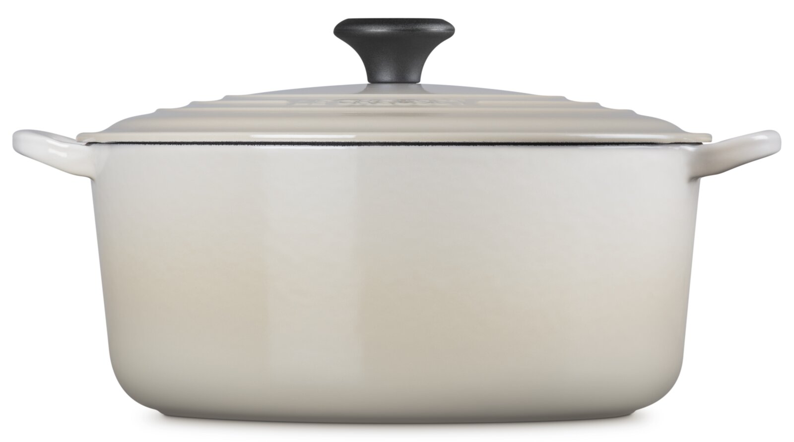 Runder Bräter 28cm in Cremefarbe mit Deckel und zwei Griffen, Frontalansicht