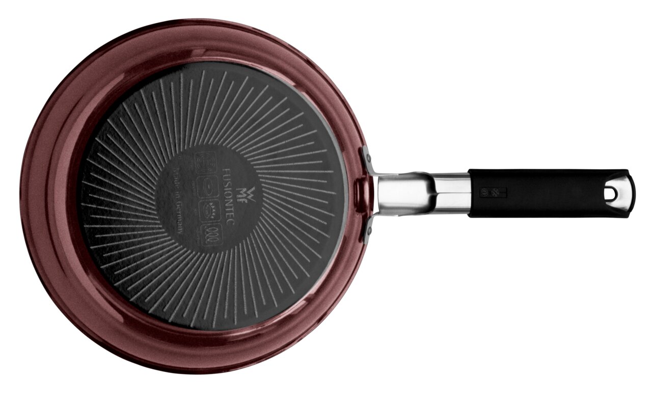 Pfanne FUSIONTEC Mineral 24 cm, Ansicht von unten mit schwarzem Griff und runder, gerippter Unterseite.