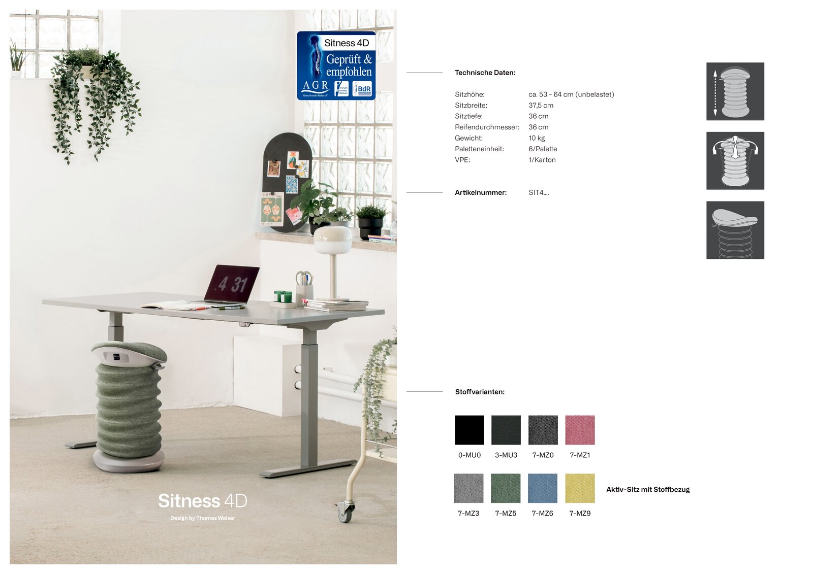 Moderner Aktiv-Sitz in einem Büro mit verstellbarem Schreibtisch, seitliche Perspektive