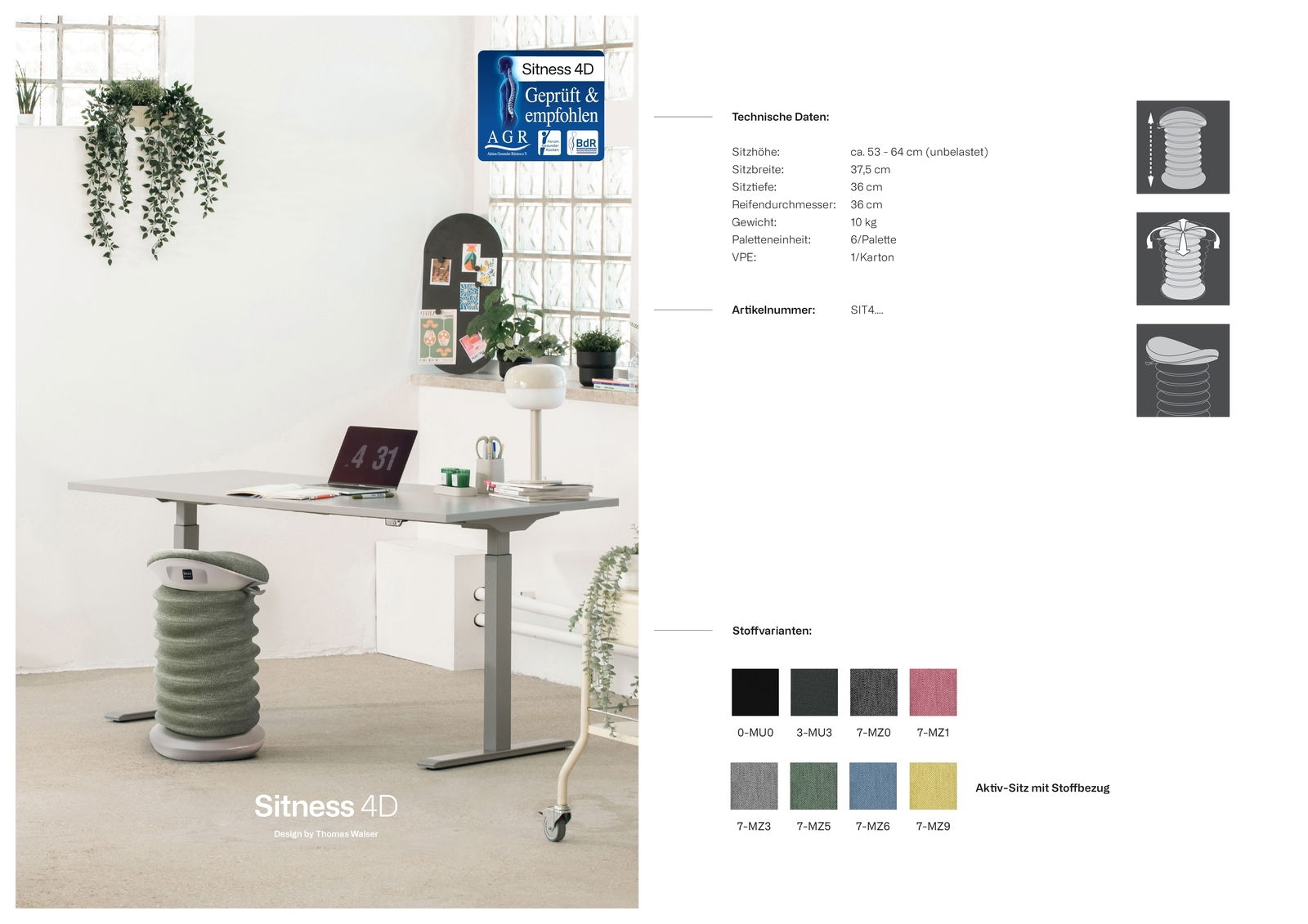 Moderner Aktiv-Sitz in einem Büro mit verstellbarem Schreibtisch, seitliche Perspektive