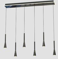 Vooraanzicht van een moderne zwarte hanglamp met zes slanke, kegelvormige pendels aan een langwerpige plafondbalk